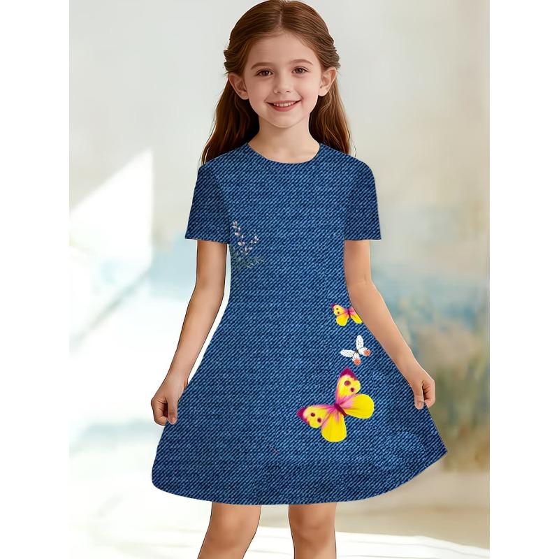 Dress for Girls Fashion Cowboy Print Fake Two-Piece Set Short Sleeve Summer Dresses Casual Round Neck A-Line Dress Girl Clothes
