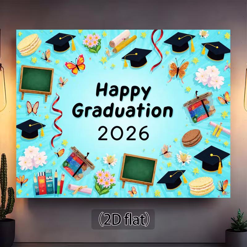 

2D Cheerful Graduation Background, Happy Graduation 2026 with Colorful Icons Themed Photoshoot Backdrop 47.2x31.5inch/120*80cm