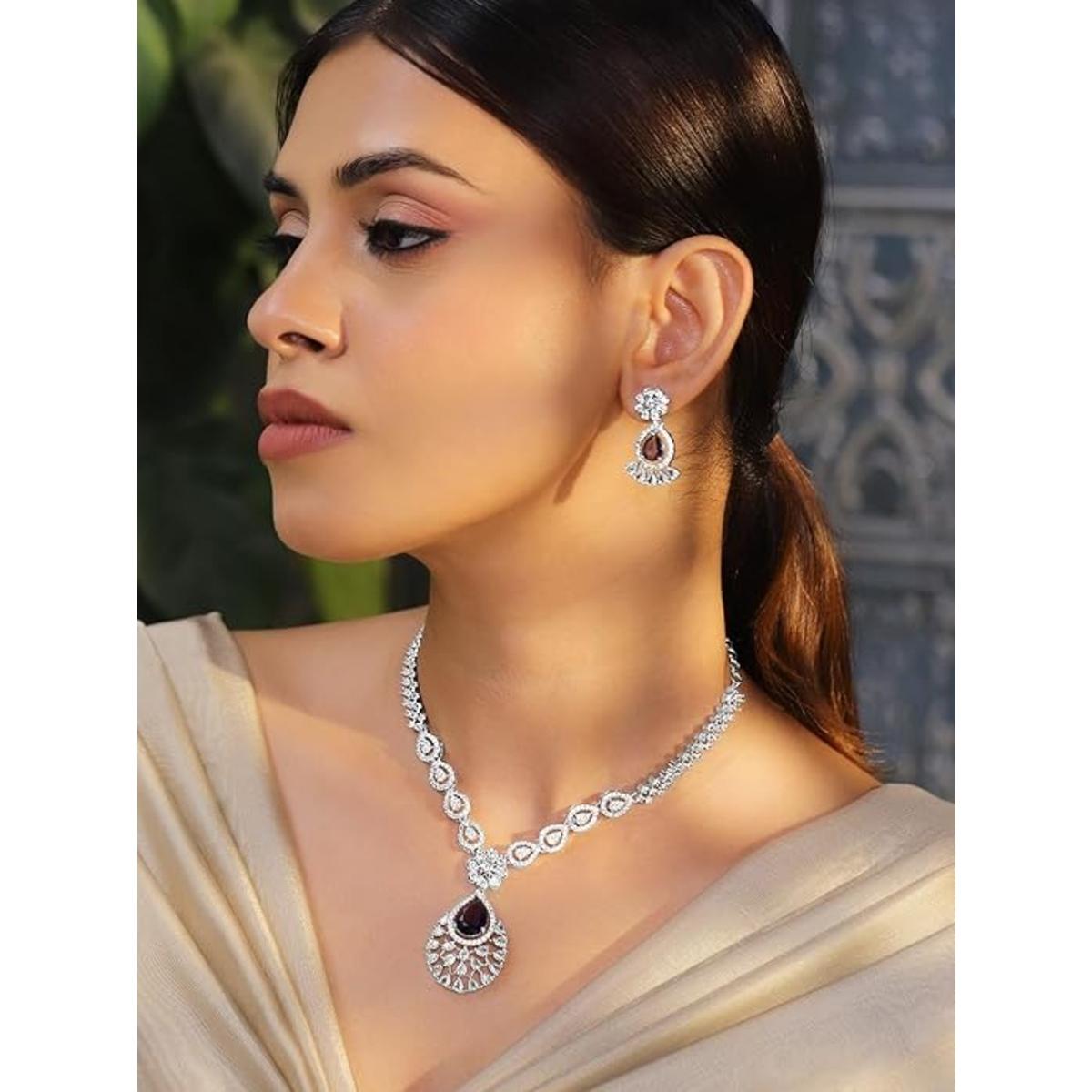 Necklace Set Teardrop American Diamond Zirconia Studded Stylish Jewellery Gift for Women & Girls
