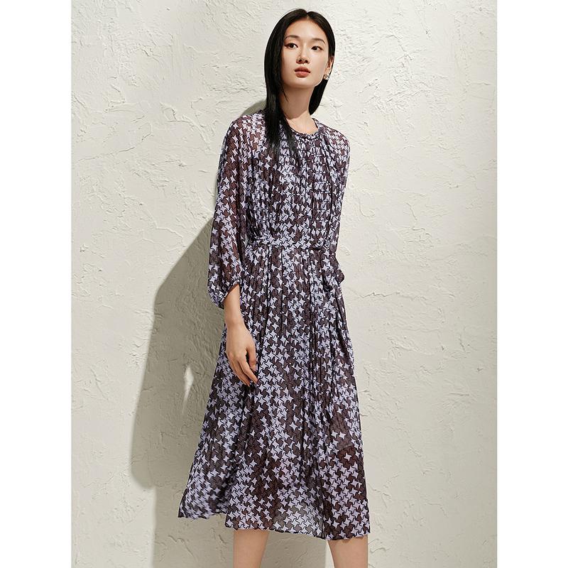 Jiuzi Anna Kou Fashionable Modern Geometric Gradient Folded Chiffon Waist Dress for Women 2025 Spring New Style