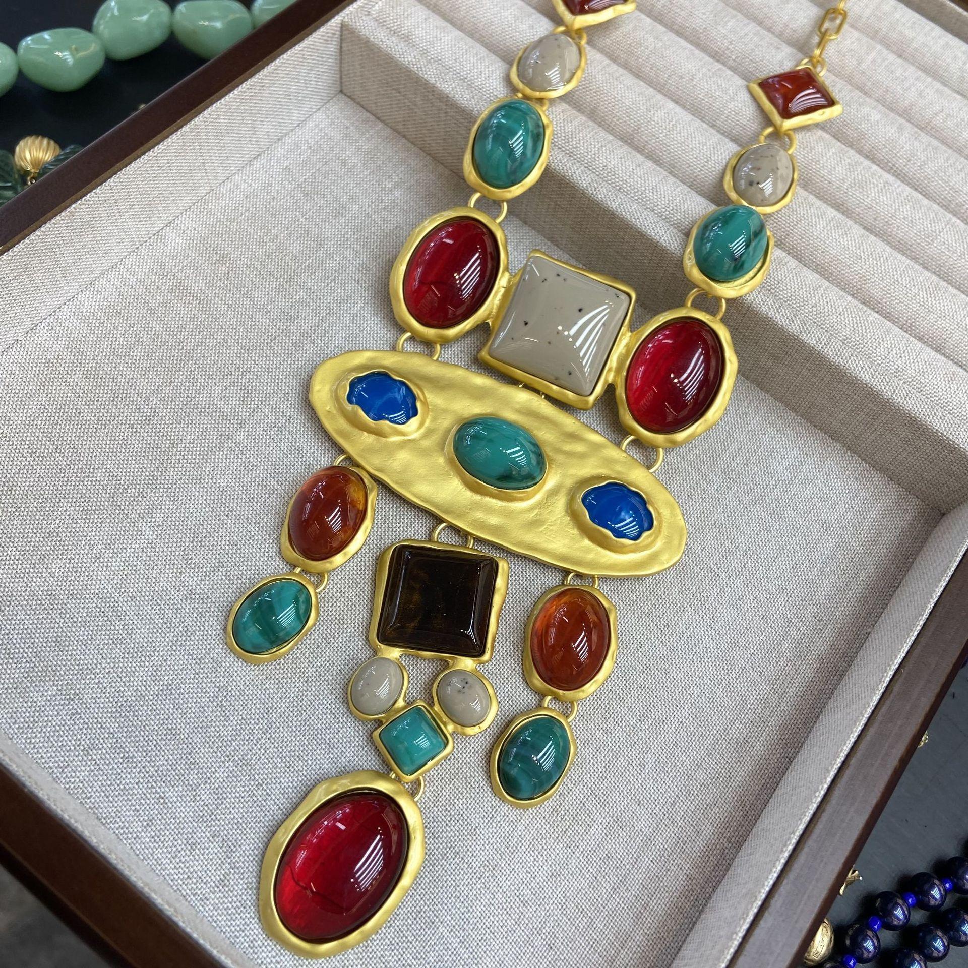 

Wind Za Same Baroque Style Geometric Colored Gemstone Long Necklace Retro Court Style Sweater Chain