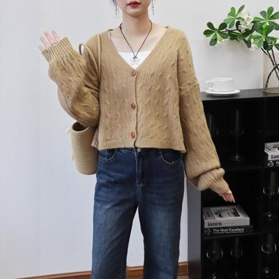 Autumn and Winter New Retro Twist V-neck Short Knitted Cardigan Loose Lazy Soft Waxy Sweater Jacket Women