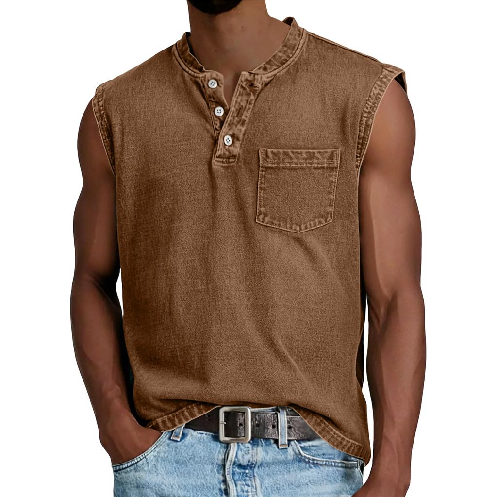 Canotta da uomo senza maniche in cotone con tasca, vestibilità casual rilassata, stile Henley, maglia sportiva per muscoli, per l'uso quotidiano