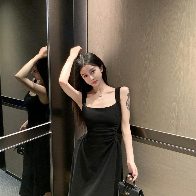 French wind pleated design suspender dress women's spring and summer pure desire wind waist thin a word sleeveless long dress