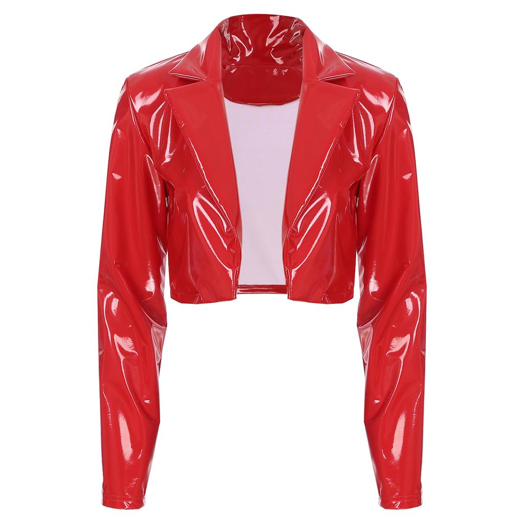 Womens Patent Leather Cropped Jacket Wet Look Lapel Design Long Sleeve Party Coat