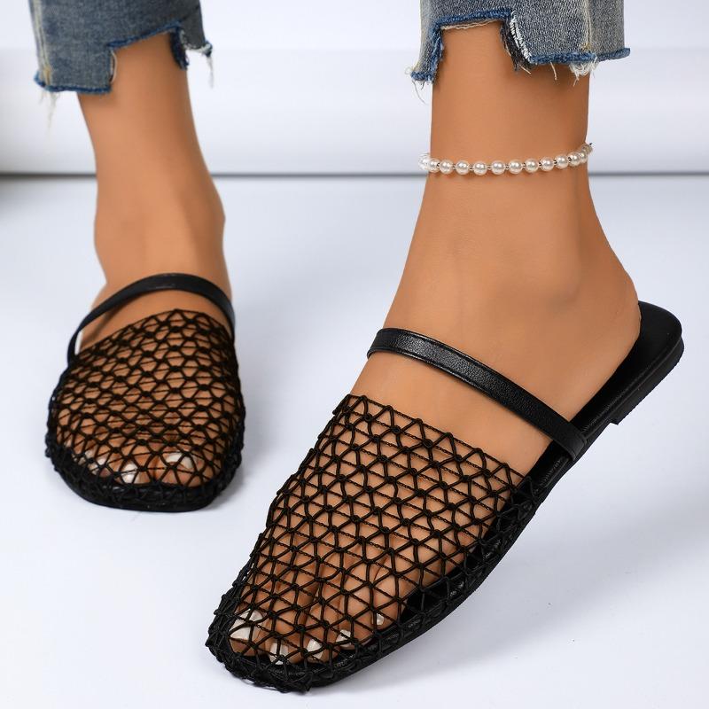 Women's New Fashion Cutout Fishnet Sandals Flat Comfortable Casual Slip-On Trendy Shoes