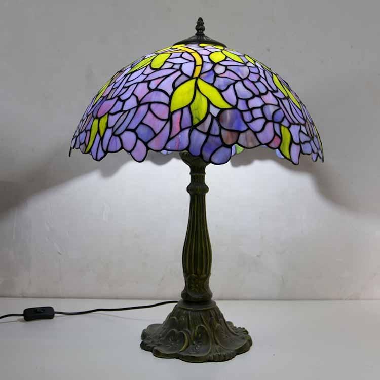 LongHuiJing Wisteria Stained Glass Lampshade Tiffany Table Lamps Antique Art Style Desk Lamp With Lotus Metal Base 10-65W