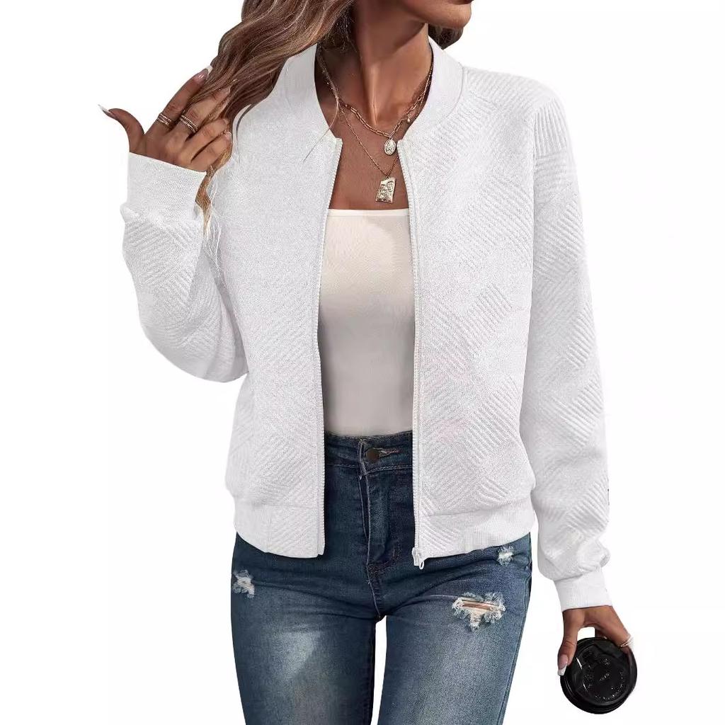 Women's Grey Short Baseball Jacket with Stand Collar, Casual Outerwear for Spring and Fall