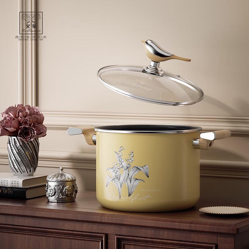 Huoxiang Emaille Suppentopf mit Vogel- und Blumendesign