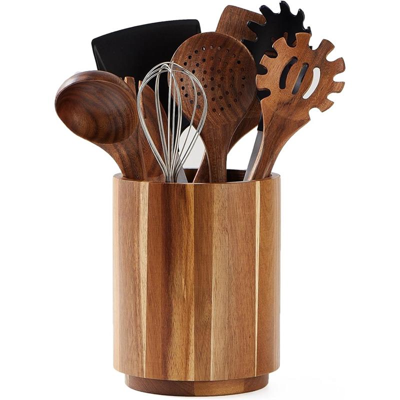 

A25F-For Countertop Counter Wooden Cooking Utensil Crock, Wood Utensil Holder For Kitchen, Farmhouse Style For Kitchen Decor