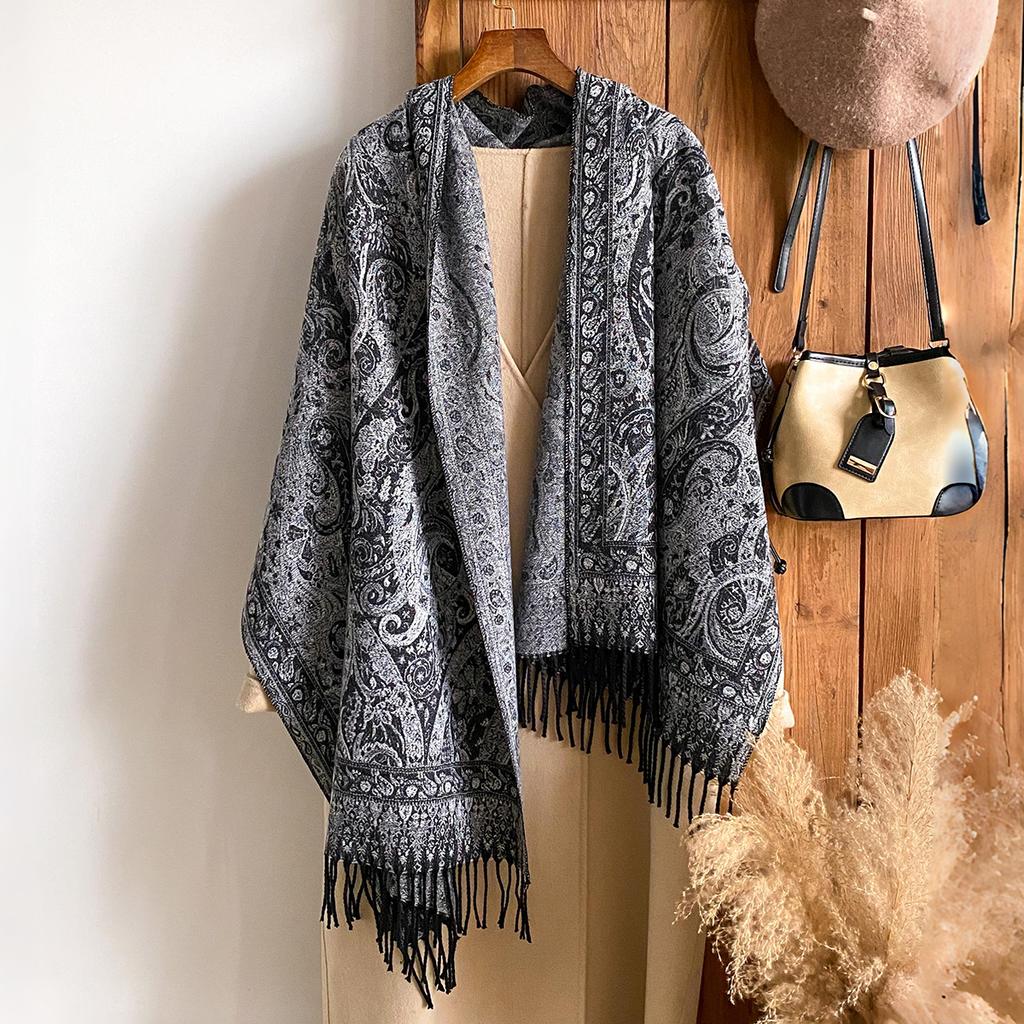 Rand Fashion Dámský zimní kašmírový šál - Vintage květinový potisk s třásněmi ve stylu olejomalby Pašmína Silný přehoz & Šála