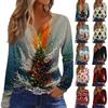 Women's Christmas Print V-Neck Long Sleeve Button Casual T-Shirt Tunic Blouse