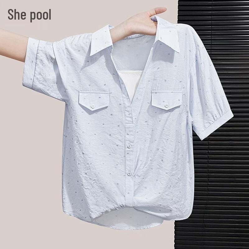 Women s Lapel Fake Two-Piece Short Sleeve Shirt One Size светло-синий