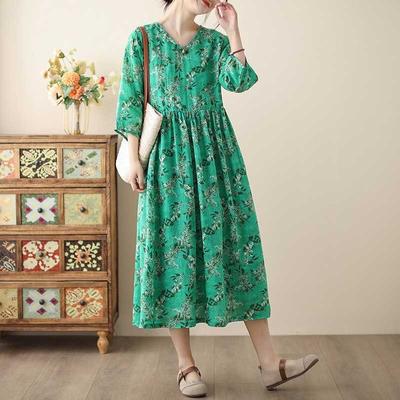 Spring and Summer, Korean Trendy Retro Skirt Loose Version V-neck High-end Cotton and Linen Dress