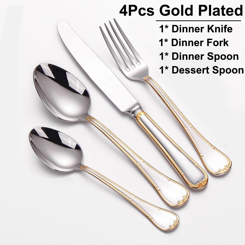 4/8/12/16/20 ks zlatých příborů, západní nádobí, nerezová ocel, jídelní sada, zrcadlo, stříbrný nůž, vidlička, lžíce, sada, myčka nádobí