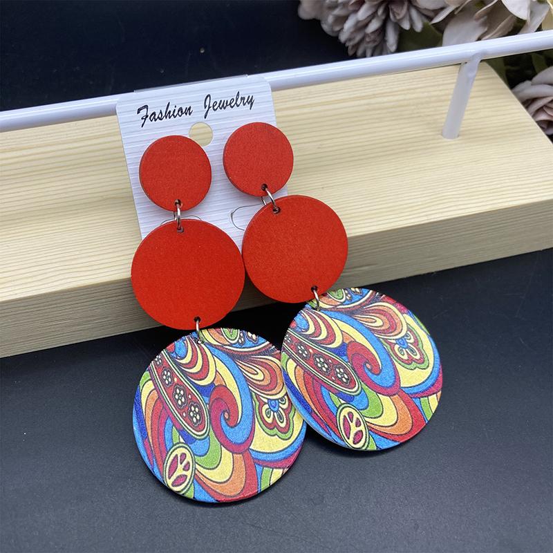 

Vintage Exaggerated Round Printed Earrings for Women Ethnic Creative Long Colorful Split Joint Wooden Earring Female Jewelry красный