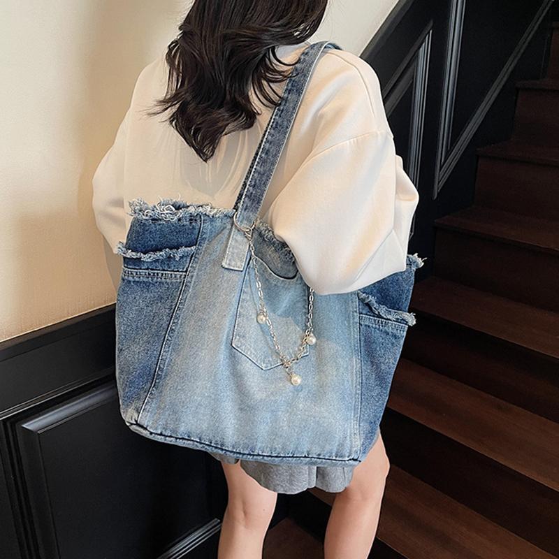 Mode Kleurverloop Ruwe Rand Denim Tote Tas Dames Veelzijdig Grote Capaciteit Ketting Handtassen Eenvoudig Werk Een Schouder Tassen CLE