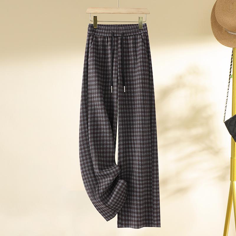 Women's 2024 Winter Wool Plaid Fleece-Lined Elastic Waist Wide-Leg Pants