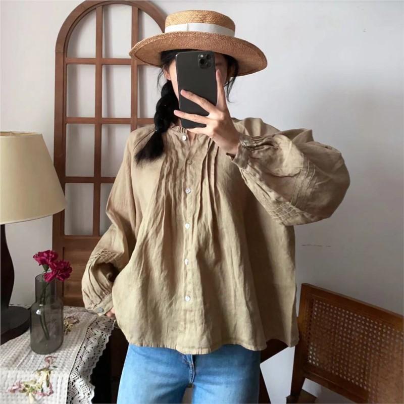 Johnature Bluze de damă cu volane, primăvară, vintage, culoare solidă, plisate, vrac, casual, simple, asortate