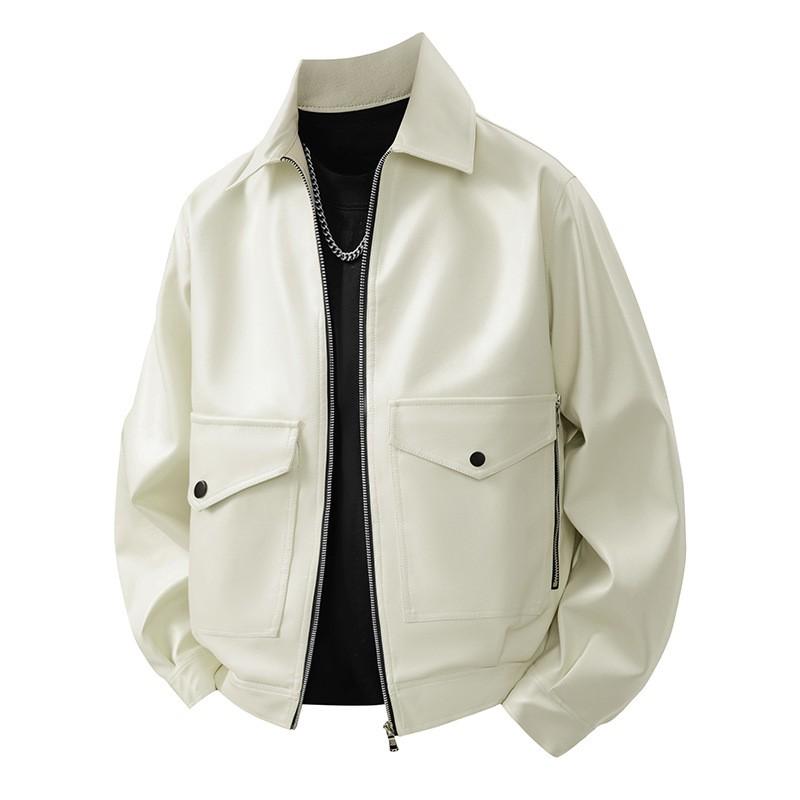 Mens Faux Leather Biker Jacket With Stand Collar Loose Fit Winter Outerwear Daily Wear