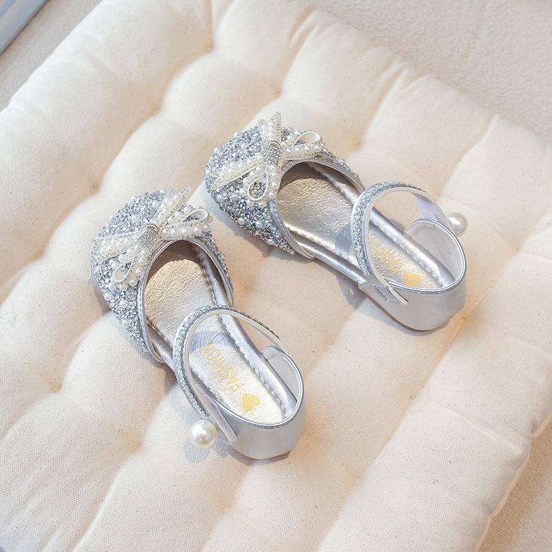 Girls princess shoes spring and summer new children's leather shoes little girl little princess silver soft-soled bow shoes