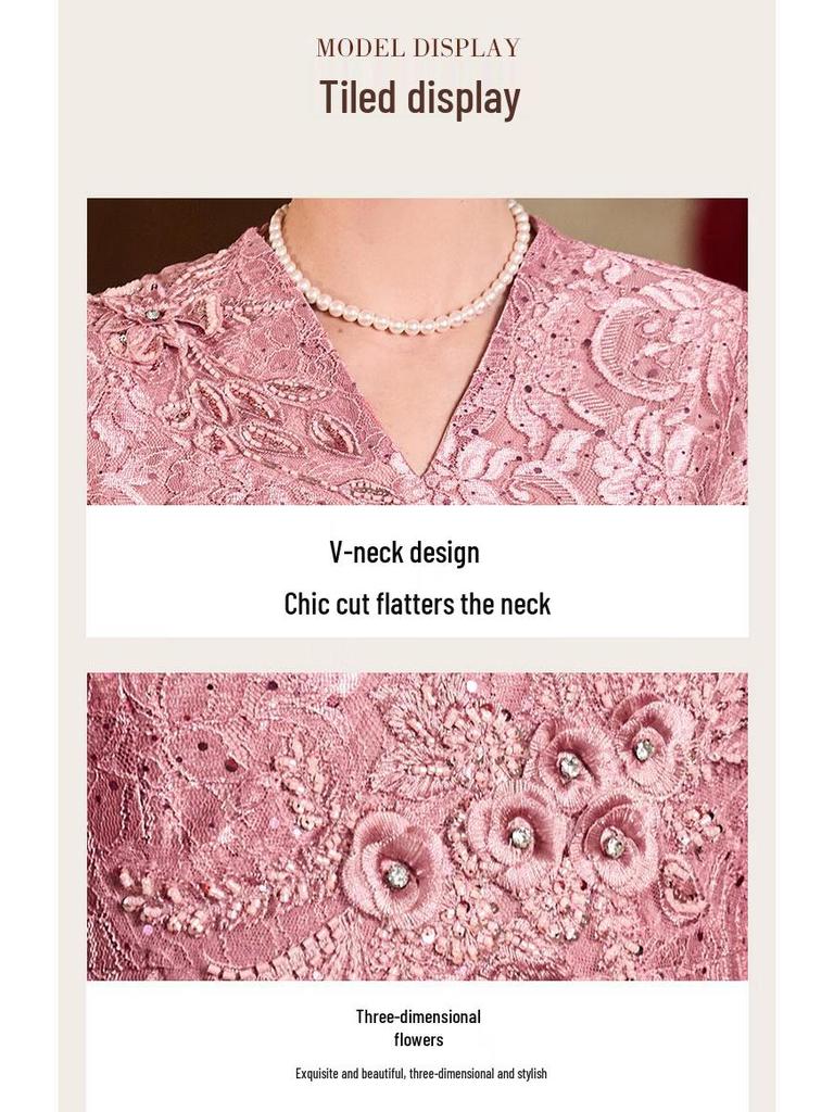 Pasit Faux Two-Piece Lace V-Neck New Chinese Style Mother-of-the-Bride Dress