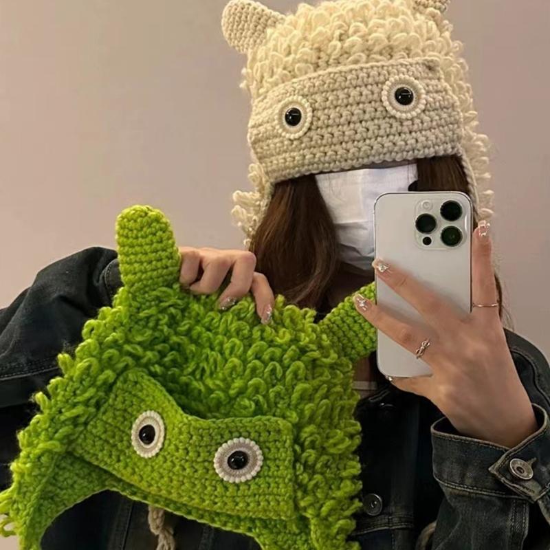 Winter Warm Knit Hat for Women Funny Monsters Hat Hooded Skull Hat Outdoor Activity Cap Windproof Headwear Pullover Hat