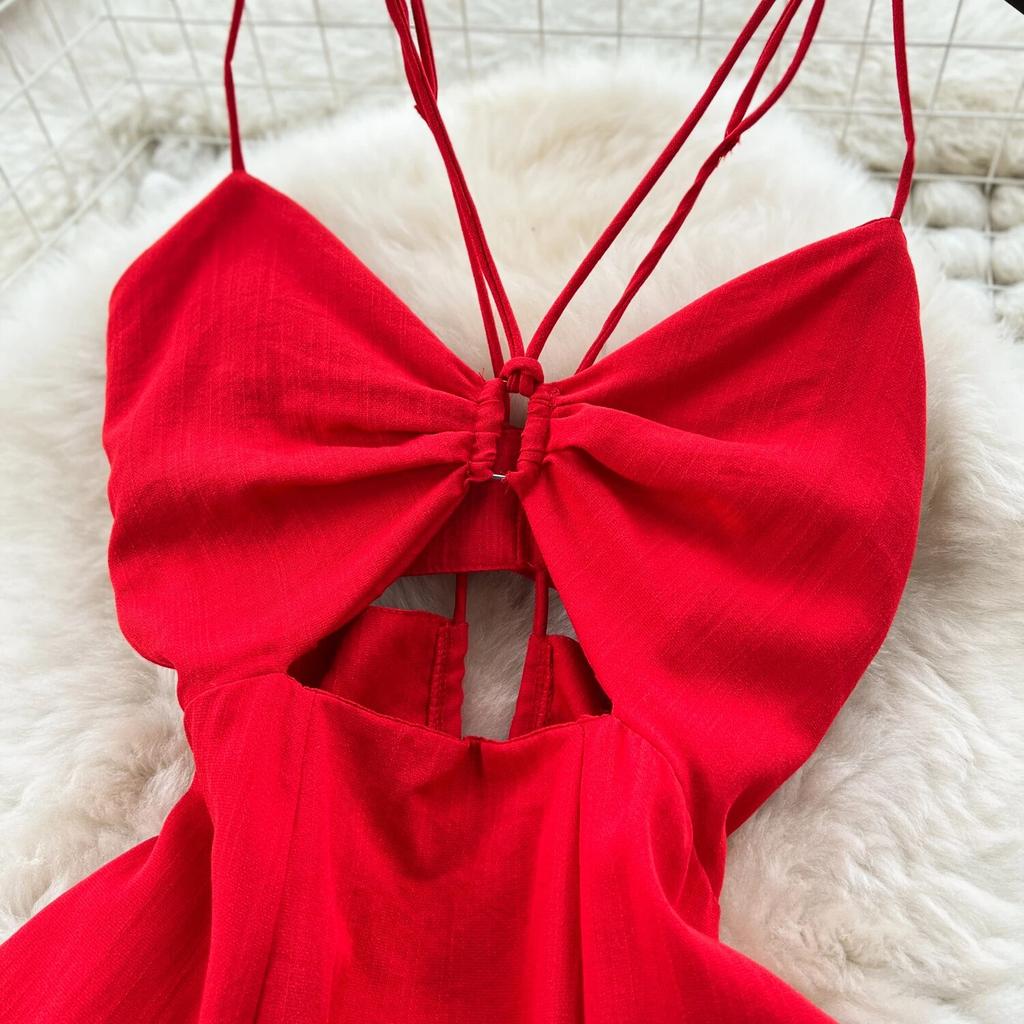 Design Hollow-out Wrap-around Hanging Neck Dress Scheming Strap Slim Fit Long Over-the-Knee Split Vacation Suspender Dress