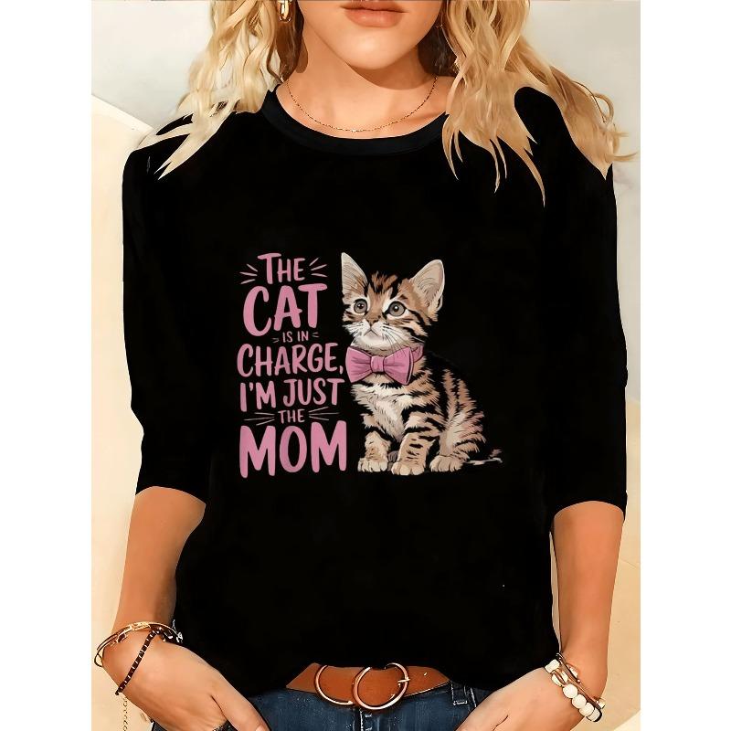 

Women s Plus Size Cat Lettering & Paws Print Tee Long Sleeve Round Neck Casual Top 4XL чорний