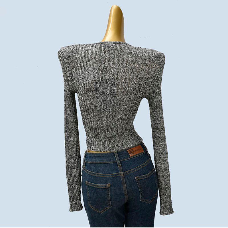 Chic and Beautiful Cross V-neck Sexy Knitwear Women's Autumn New Arrival Long Sleeves Short Inner Padded Shoulder Tops