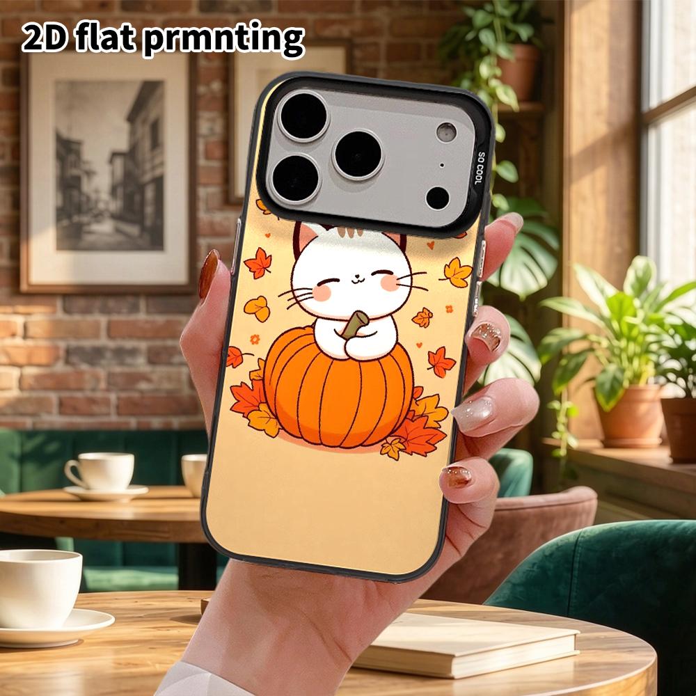 Phone Case: 2D Flat, Fits iPhone 18, 17, 16, 15, 14, 13 Pro, Color Silver Protective Case, Couple Style, Pumpkin Kitten, Christmas and Halloween Gift