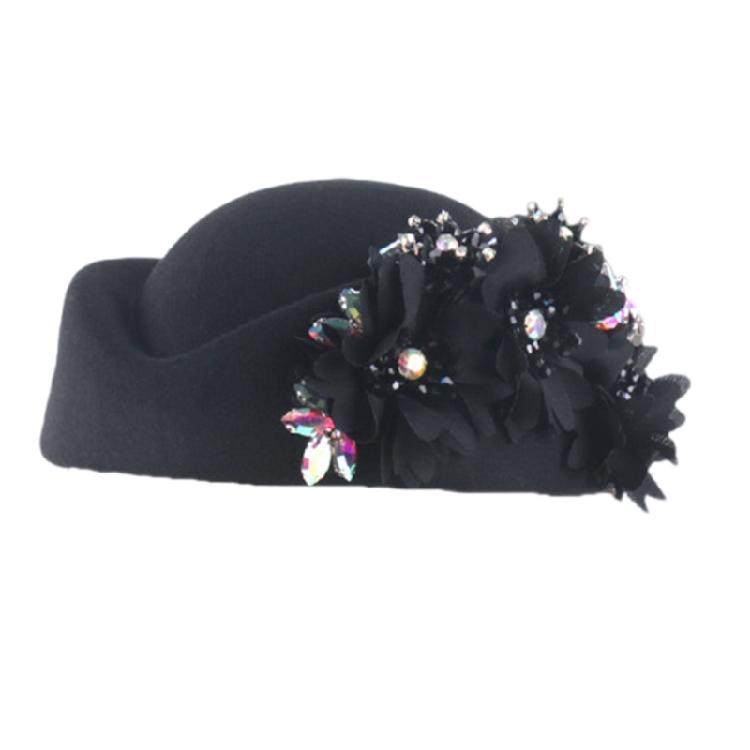 

Fascinator Hat Wool Crystal Flower Design Stewardess Hat for Cocktail Party 1920s Costume Accessories Flapper Hat чорний