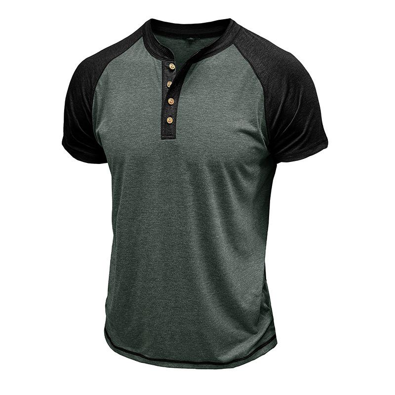 Men's Summer Short Sleeve T-Shirt Fashion Patchwork Henry Collar Button Casual Tees Tops