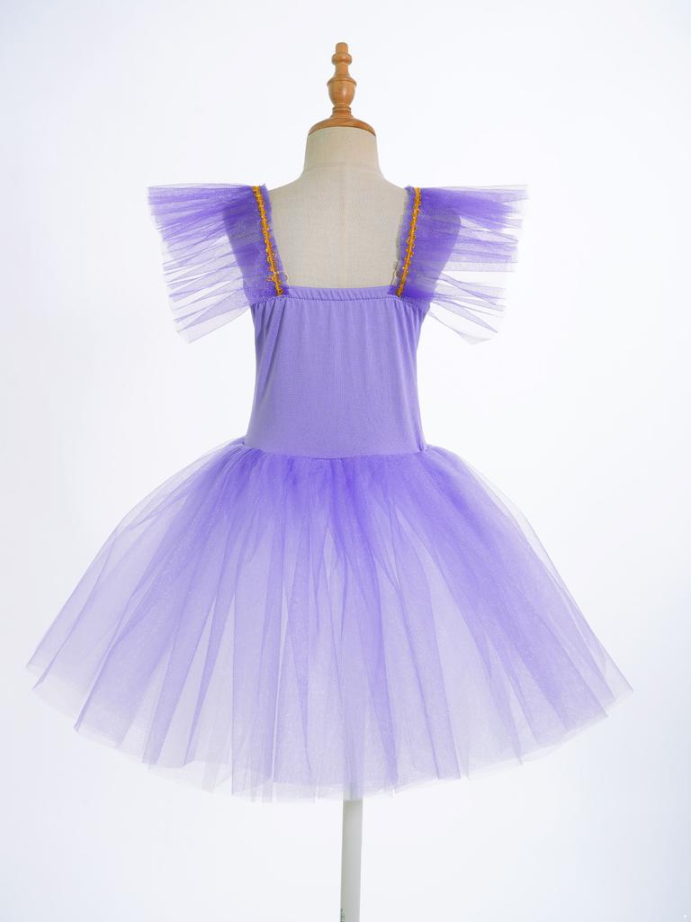 Girls Princess Tutu Dress with Flying Sleeves & Lace Flower Decor, Adjustable Spaghetti Straps, Mesh Skirt + Headdress for Dance Party