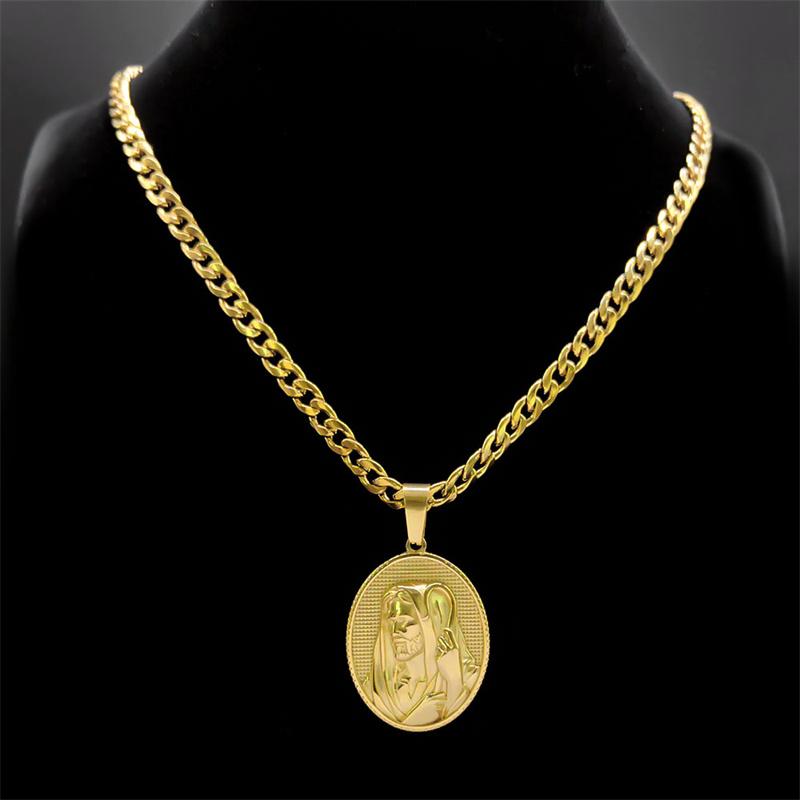 Christliches Jesus Medaillon Halskette für Männer Edelstahl Goldfarbe Religiöse Halsketten Schmuck Geschenk für Freund NZZS05