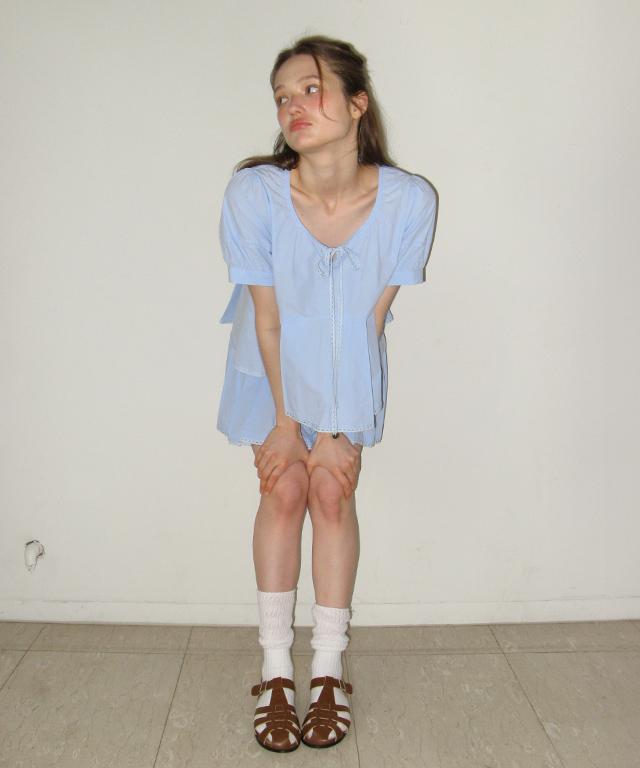 RONRON Ribbon Tie Pleated Peplum Blouse Soft Blue