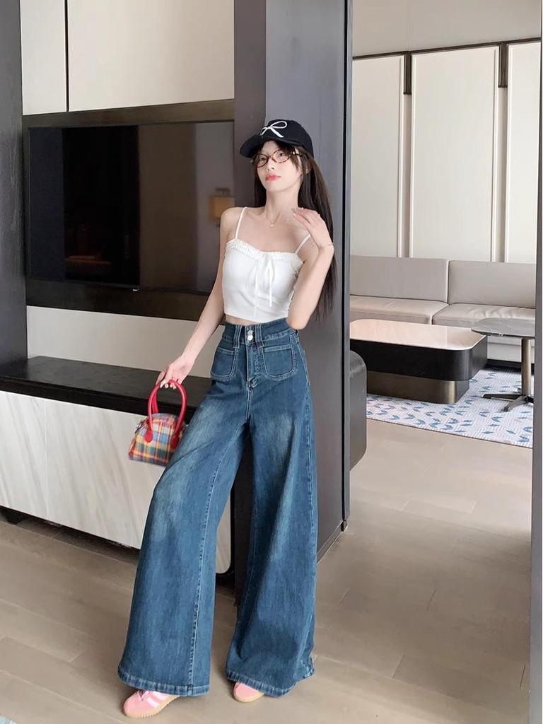 Petite Women's Retro Blue Wide-Leg Floor-Length Loose Jeans