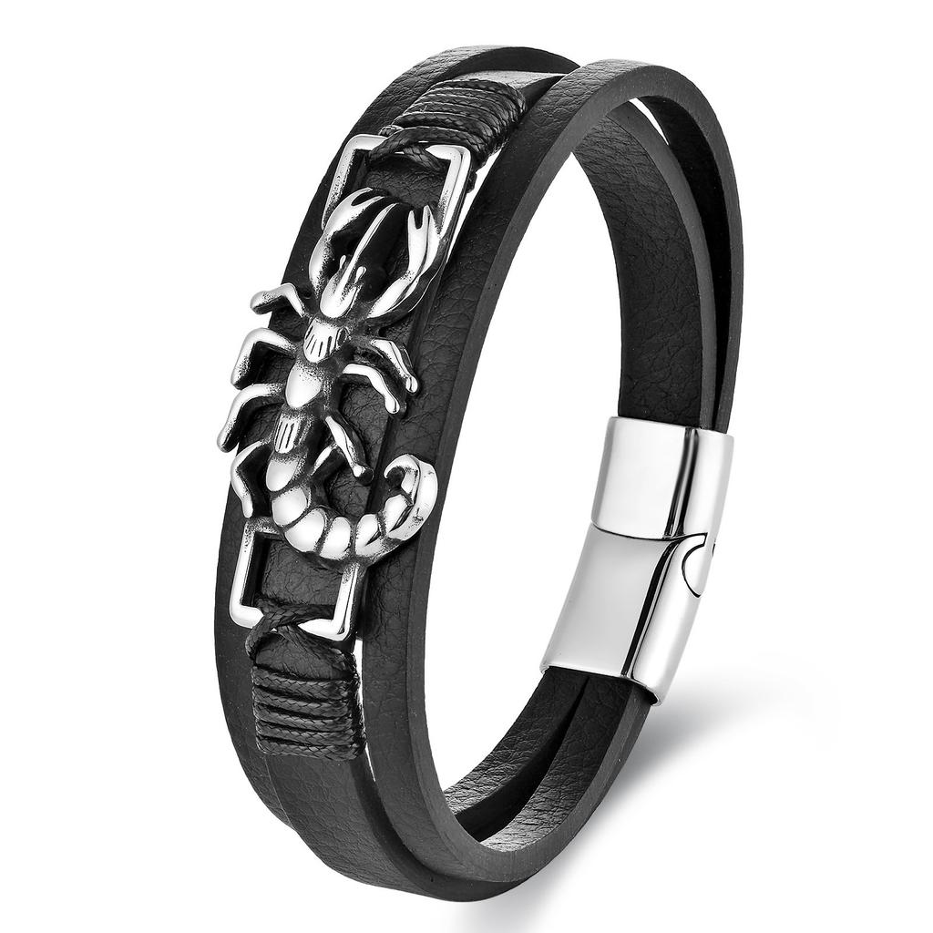 Black Leather Rope Cowhide Men's Centipede Animal Pattern Genuine Leather Woven Bracelet Multi-layer Leather Bracelet 2026
