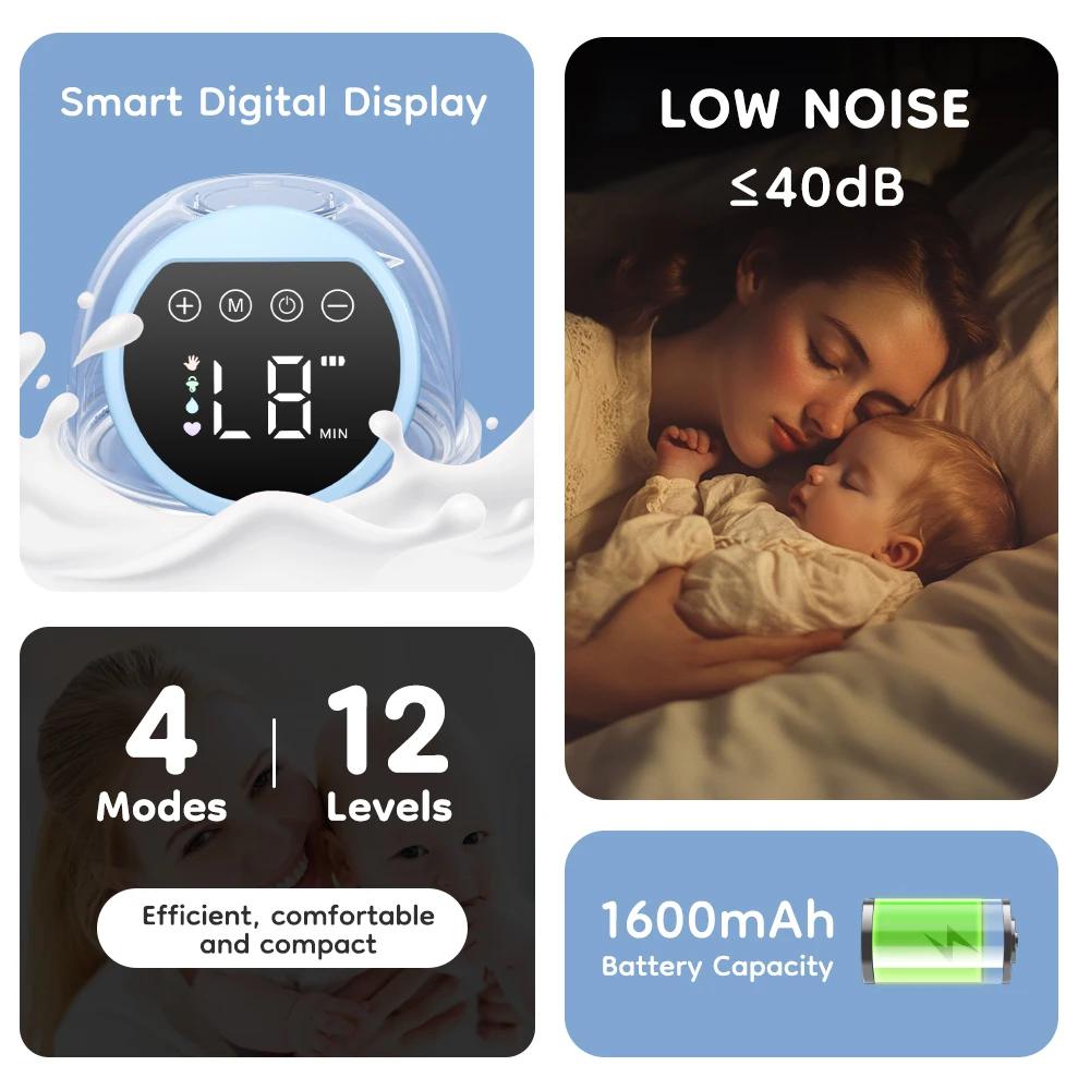 Electric Wearable Breastmilk Pump Handsfree BPA Free Low Noise Powerful Suction 4 Mode&12 Level Shell Shape Wireless Breast Pump