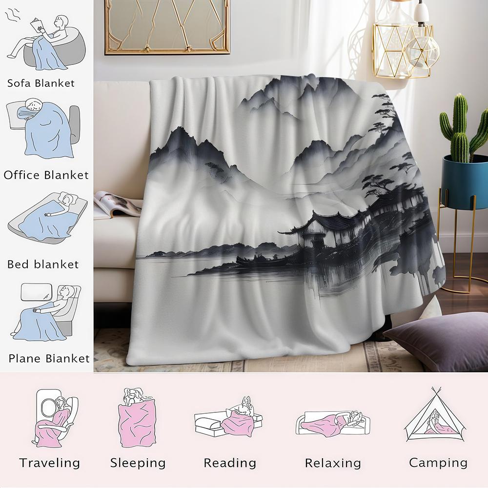 Ink Wash Mountain Villa Flannel Blanket Warm Soft Halloween Christmas Couch Warm Cozy Decorative Decor Gift for All Season
