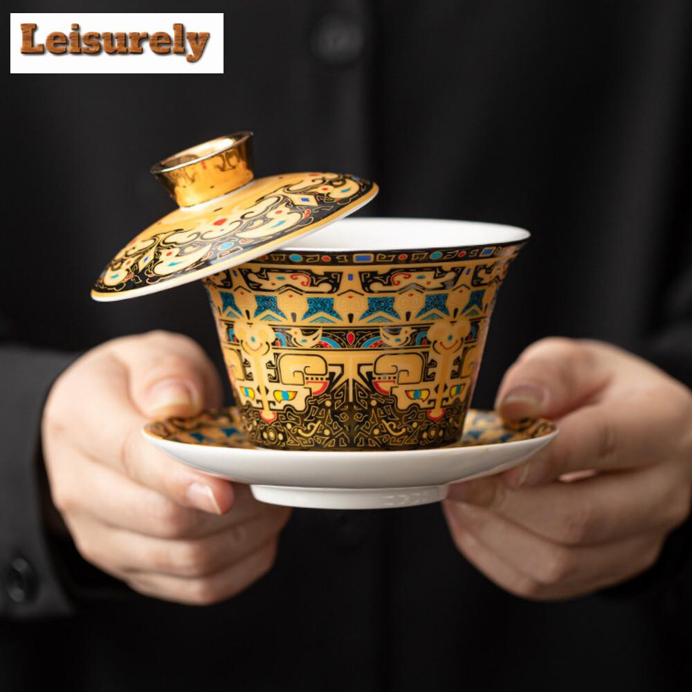 Chinese Tangka Rotatable Gold Silver Mixed Gaiwan Zen Sheep Fat Jade Hovering Lid Tea Tureen Tea Maker Cover Bowl Tea Services