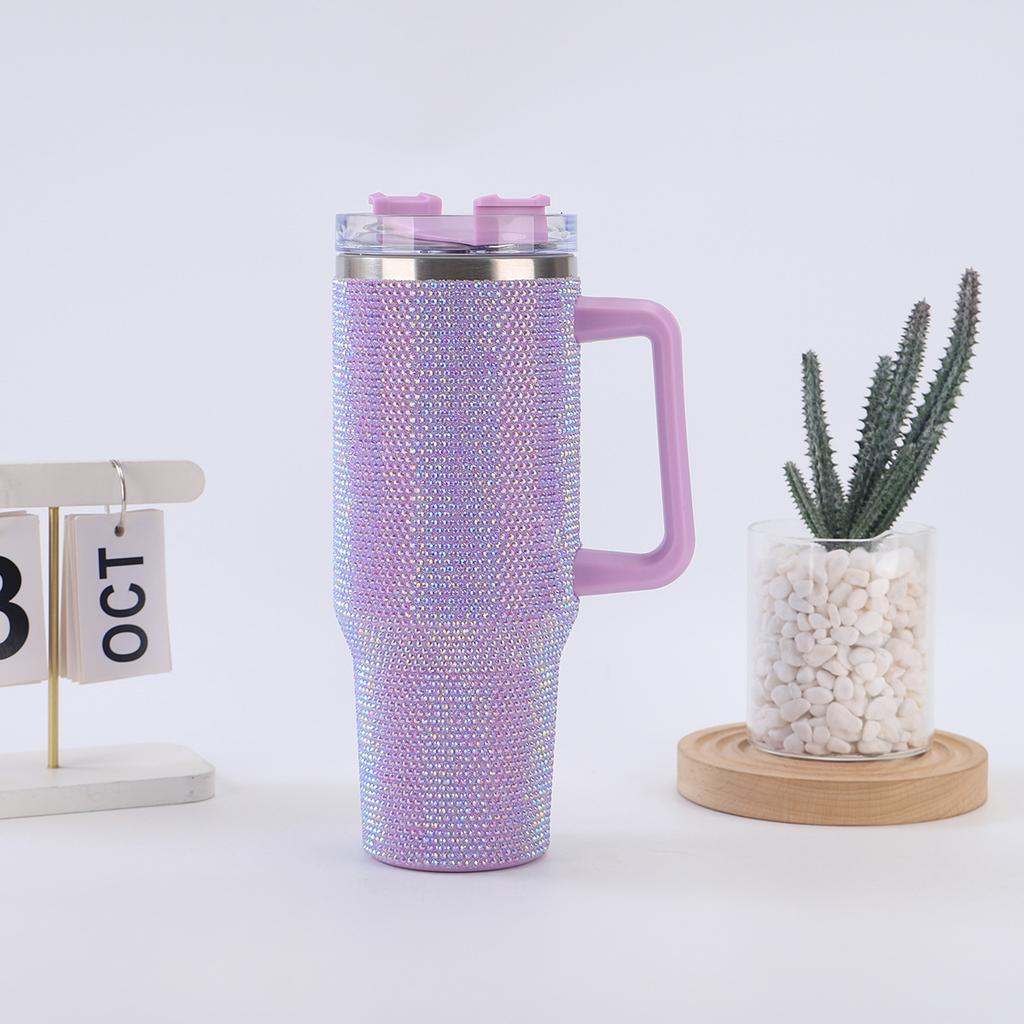 Rhinestone 40oz Insulated Tumbler with Straw Cup with Handle Sliding Bottle for Bling Lid Her Gift Diamond Steel Stainless Water