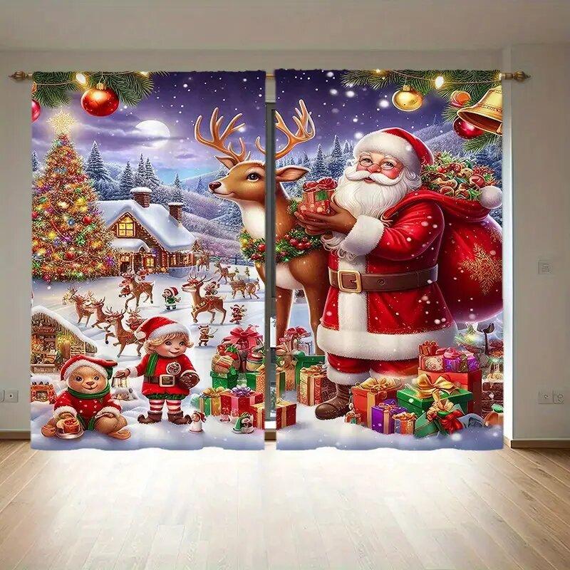 

Set Of 2 Christmas Tree Reindeer Santa Claus Gift Print Curtains Pole Bag Home Decoration Room Curtain Polyester W100*H70(CM)-Hooks&2PCS
