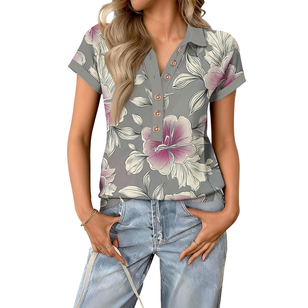 Modna i casualowa damska letnia bluzka z dekoltem V, patchworkowa, z krótkim rękawem i kwiatowym wzorem