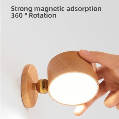 Wooden Wall Mounted Lamp 360° Rotating USB Rechargeable LED Wall Sconce Touch Control Cordless Design Magnetic Night Light