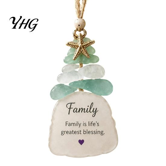 Lightweight Christmas Decorations Sea Glass Tree Ornament, Seaglass Art Hanging Decor with Starfish Charm, Holiday Keepsake Decoration Peace Love Joy