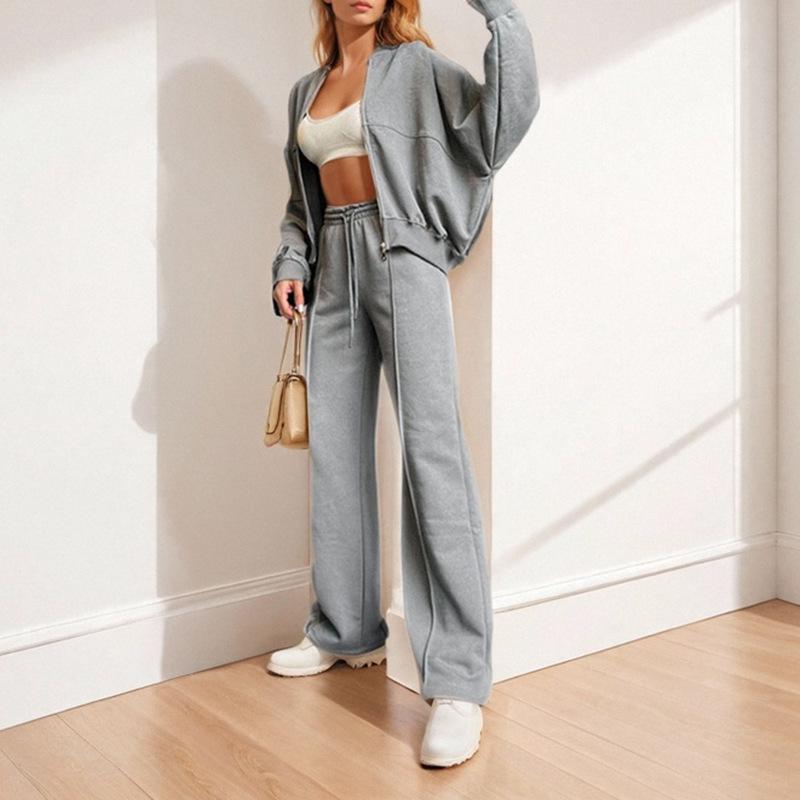 2026 Women's Spring New, Amazon Cross-border Europe and the United States, Fashionable Solid Color Sports Style Zipper Sweater Set