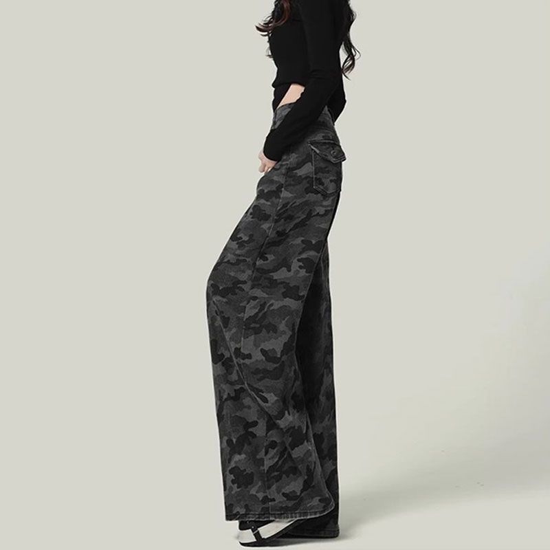American retro camouflage wide-leg jeans women's autumn 2025 new loose straight high-waisted large-size tooling pants