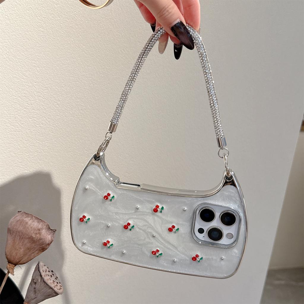 Etui na telefon na ramię z perłami i wiśniami dla serii iPhone 12-17 — Błyszczący regulowany pasek, Świeży letni design