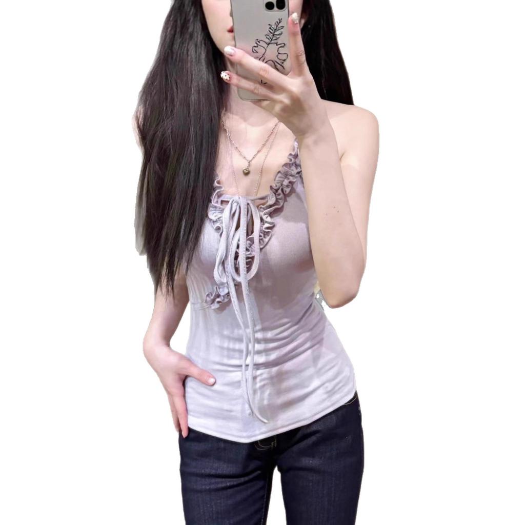 Spice Girl Sexy Style Apricot Fungus Edge Neck Vest Women's Summer Versatile Slim Skinny Halter Top